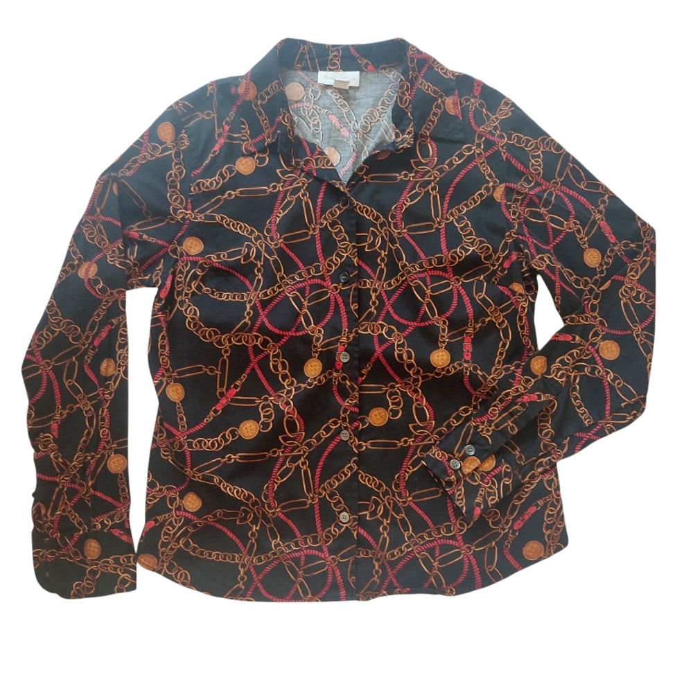 Charter Club Black Gold Chain And Coin Patterned Blouse Button Down Shirt S4